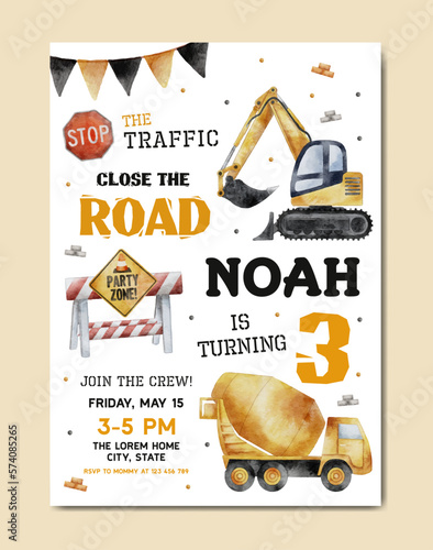 Construction Birthday Watercolor Invitation Card template background for baby and kids