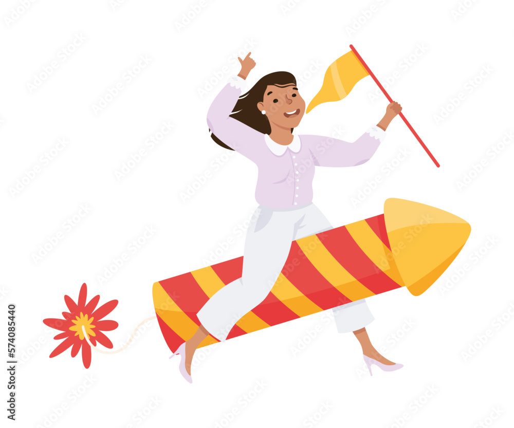 Successful businesswoman flying on fire cracker with flag. Business success, creative idea, innovation, start up concept cartoon vector illustration