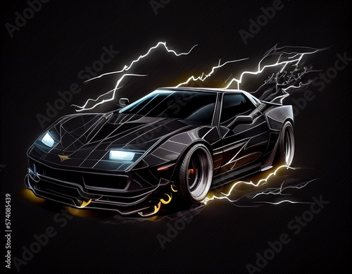 Futuristic Black Sports Car with Lightning Background. Generative AI.