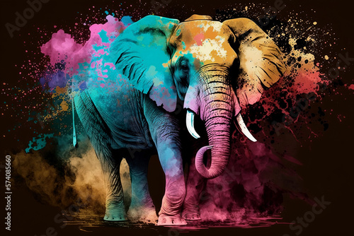 Elephant playfully covered in multicolored powders, Holi Festival in India or Nepal. Vibrant pigments of Holi powders. Spring Festival. The Hindu festival of colors. Illustration Generative AI.
