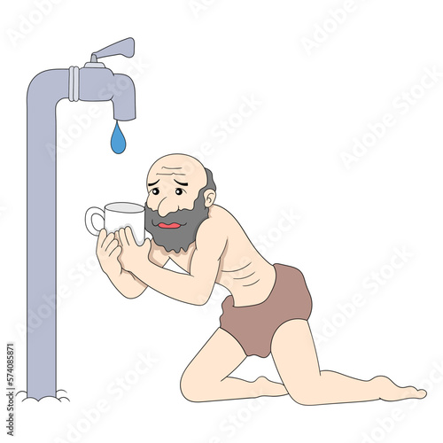 parents are waiting for the water dripping from the faucet in a drought and poor area