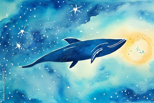 whale among the stars. constellation of whale . whale. watercolor painting. space nebula background.