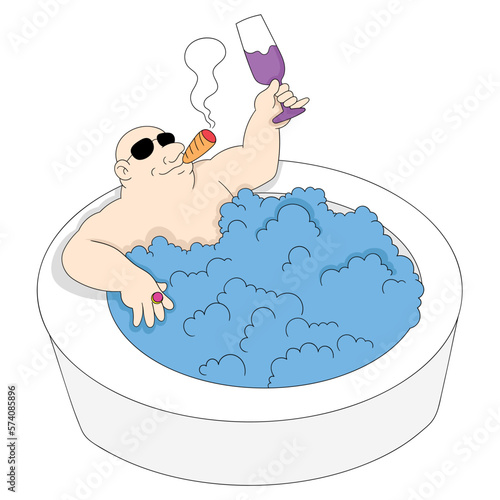 the big mafia boss is soaking in the bathtub relaxing while drunk with wine