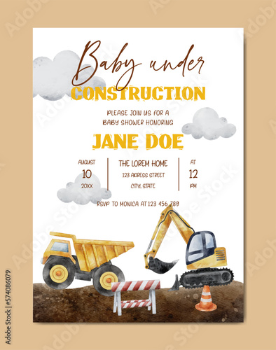 Baby Shower with Construction theme watercolor invitation card background template for baby and kids birth celebration