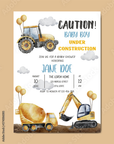 Baby Shower with Construction theme watercolor invitation card background template for baby and kids birth celebration