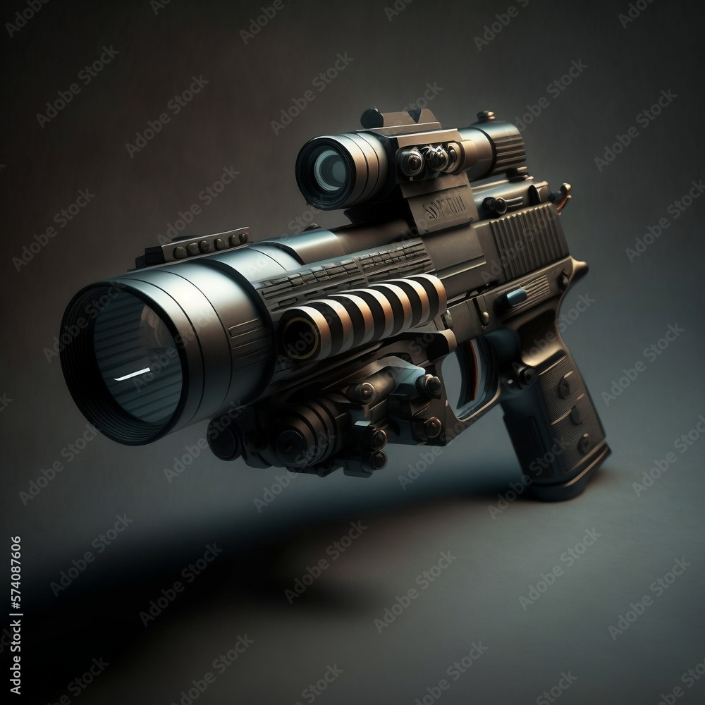 modern detailed pistol gun on black background, generative ai,  9mm like, small handgun, flashlight attachment
