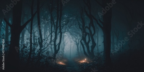 Eerie misty forest at night with volumetric lighting, generative ai photo