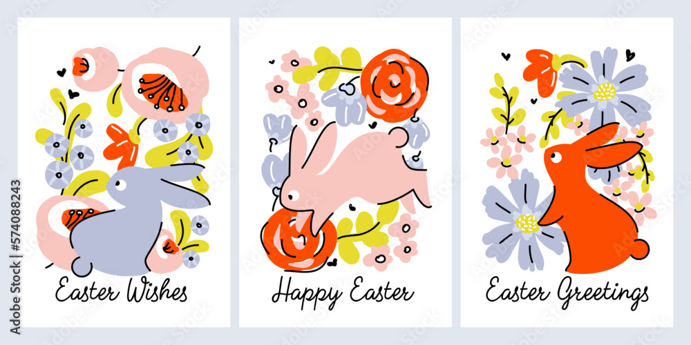 Easter greeting card with cute bunnies and spring flowers. Vector illustration in simple naive style of abstract floral design with pretty flowers and rabbits Easter greeting card with cute bunnies and spring flowers. Vector illustration in simple naive style of abstract floral design with pretty flowers and rabbits