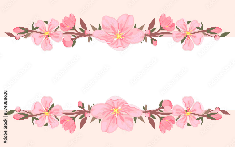 Cherry blossom horizontal banner frame sakura flower flat. Floral ornament spring bloom branch leaf spring bunch border greeting holiday season voucher template brochure pink background fashion card Cherry blossom horizontal banner frame sakura flower flat. Floral ornament spring bloom branch leaf spring bunch border greeting holiday season voucher template brochure pink background fashion card