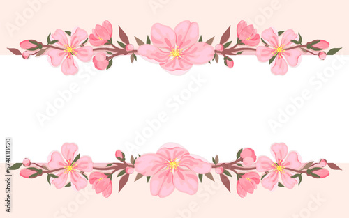 Cherry blossom horizontal banner frame sakura flower flat. Floral ornament spring bloom branch leaf spring bunch border greeting holiday season voucher template brochure pink background fashion card