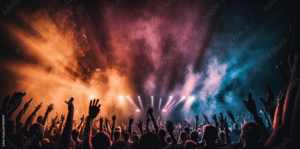 Vibrant concert crowd with hands raised and colorful light beams, generative ai - obrazy, fototapety, plakaty 