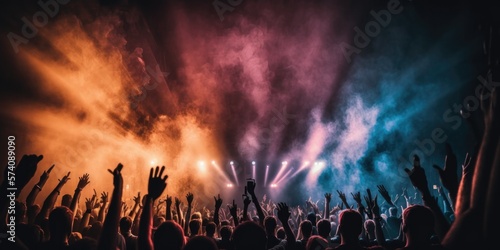 Fotografia Vibrant concert crowd with hands raised and colorful light beams, generative ai