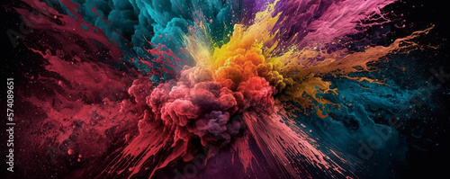 Splash of vibrant pigments of Holi powders. Multicolor background represent the essence of the Holi Festival in India or Nepal. The Hindu festival of colours. Spring Festival. Generative AI.