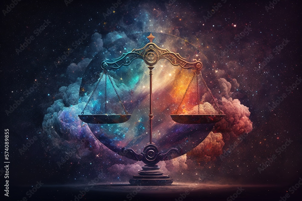 A Libra zodiac sign is depicted against a space nebula background in