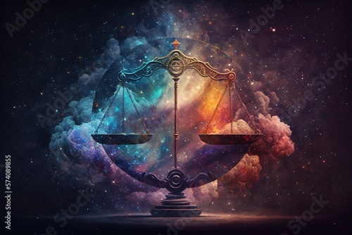 A Libra zodiac sign is depicted against a space nebula background in astrology, Generative AI