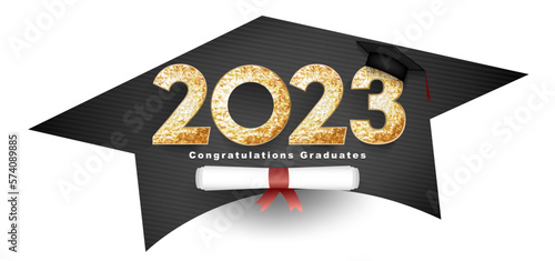 Class of 2023 Vector text for graduation gold design, congratulation event, T-shirt, party, high school or college graduate. Lettering for greeting, invitation card