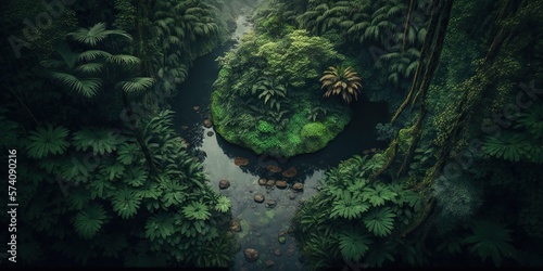 Top view of rain forest landscape, concept of Aerial Perspective and Tropical Setting, created with Generative AI technology © koldunova