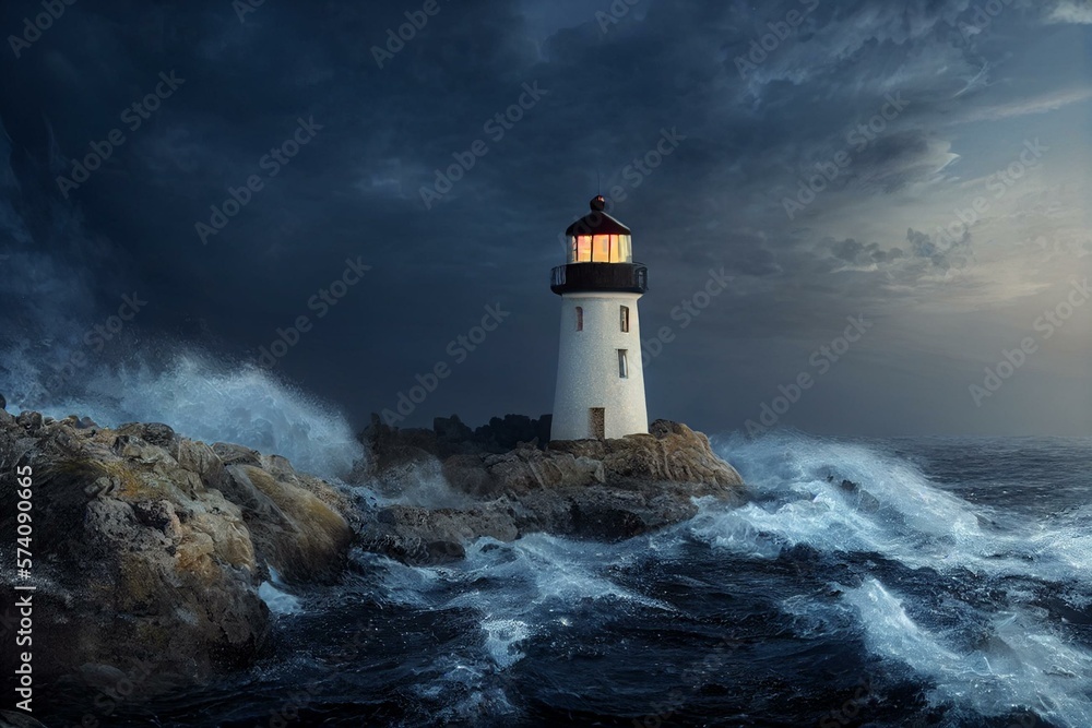 a lighthouse in stones glowing against the background of a dark blue raging sea generative ai