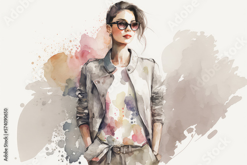 Stylish watercolor fashion concept art model, style modern wardrobe, catwalk look, generative ai