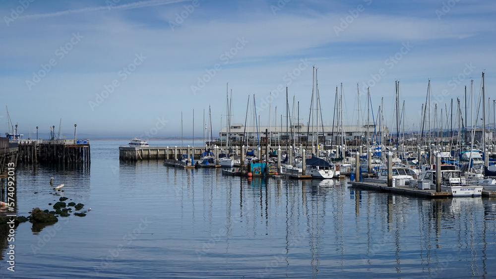 Shot of the boats docked at the Monterey Bay in California