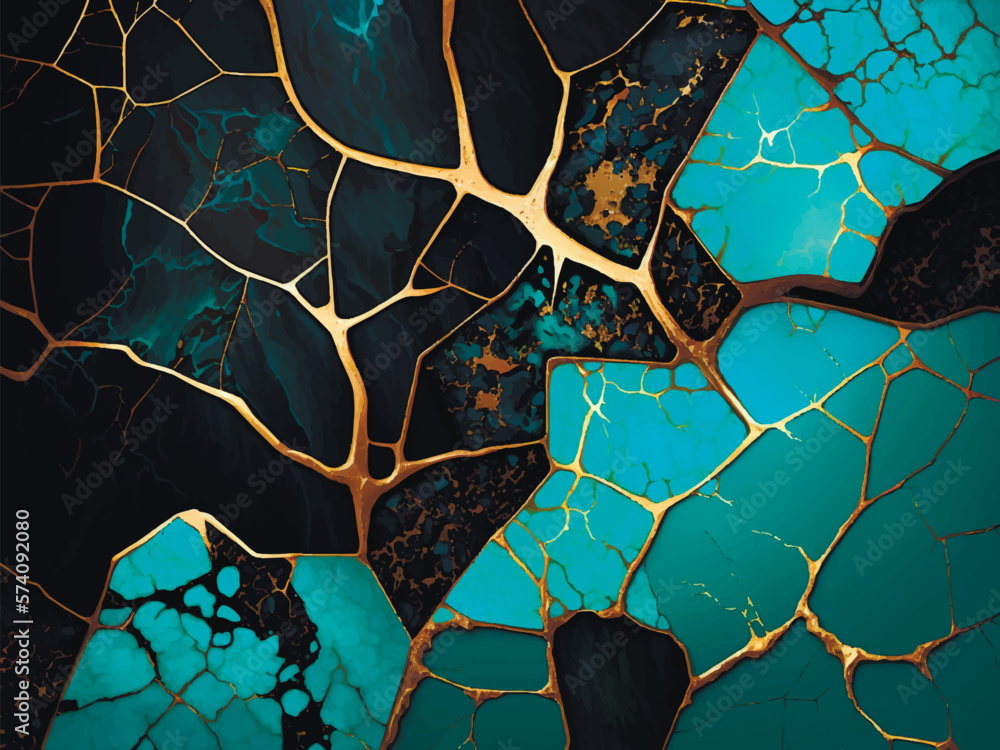 Turquoise stone liquid 3d abstract marbled background with golden inlay