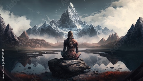 Woman in lotus pose practicing meditation and yoga. Mountains view. Generative AI © Roman King