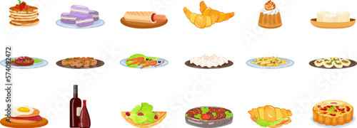 French food icons set cartoon vector. Cafe meal. Restaurant breakfast