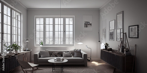 mock up poster frame in boho interior background, wooden living room design, Scandinavian style. Generative AI illustration © Interior Stock Photo