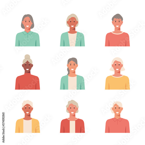 People portraits of older women, female faces avatar isolated icons set, vector design flat style illustration	
