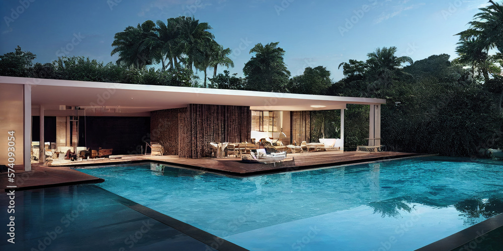 Fototapeta premium Beautiful tropical beach front hotel resort with swimming pool, paradise destination for vacations. Generative AI illustration.