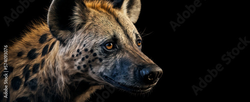 portrait of a hyena head and eyes on black background.  Image created with generative ai. photo