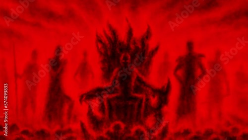 Evil bloody tyrant sits on throne surrounded by his retinue 2d animation. Dark lord is preparing to conquer world. Horror fantasy genre. Gloomy character from nightmares video clip. Vj looped movie.