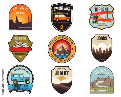 Set of vintage camping badges featuring various wilderness-themed designs including mountains, forests, and outdoor activities. Stock vector travel labels