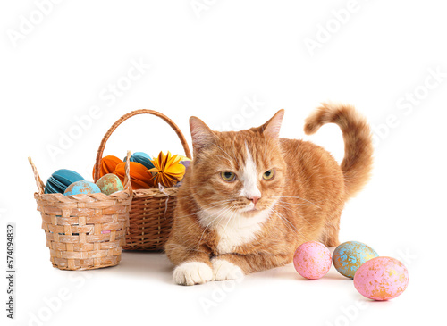 Cute cat and baskets with Easter eggs on white background © Pixel-Shot
