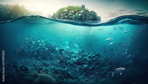 Conceptual image of an island of garbage floating in the ocean. Generative AI © Roman King