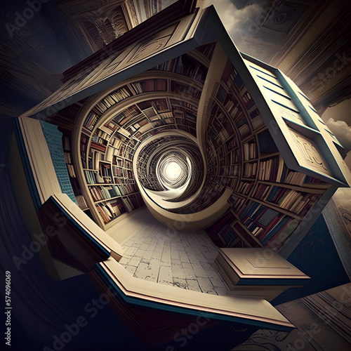 Deep angle tunnel library full of books and globe deepmind photo