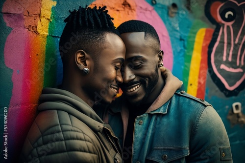 Love in Colours  Portrait of a Dark-skinned Gay Couple Embracing Their Identity. Generative AI