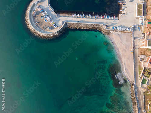 Amazing Aerial Sunrise view town of Pomorie, Bulgaria