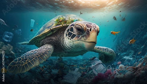 Conceptual image of a turtle swimming in the ocean along with garbage and plastic bags. Generative AI