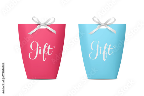 Vector 3d Realistic Pink and Blue Paper Gift Bag, Box for Birthday or Party with Silk Bow, Ribbon. Carry Bag for Present Icon Set Isolated on White Background. Christmas, Birthday Design Template