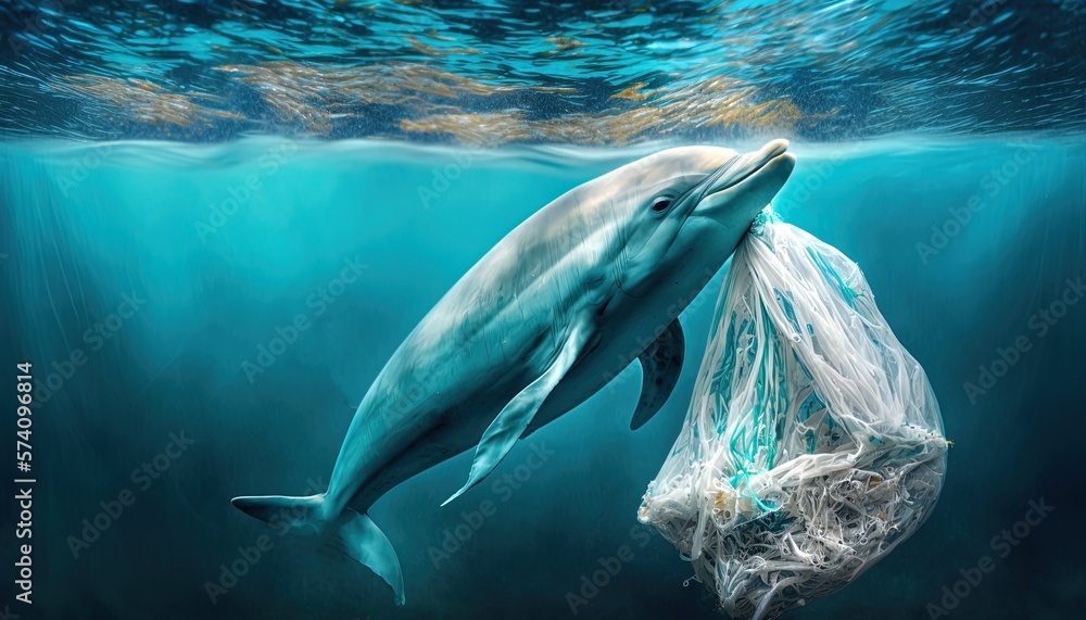 Conceptual image of a dolphin swimming in the ocean along with garbage ...