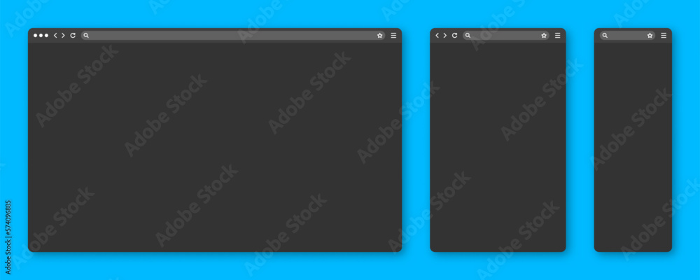 Blank web browser window with toolbar and search field. Modern website, internet page in flat style. Browser mockup for computer, tablet and smartphone. Adaptive UI, dark mode. Vector illustration