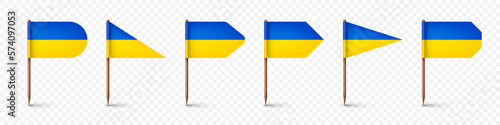 Realistic various Ukrainian toothpick flags. Souvenir from Ukraine. Wooden toothpicks with paper flag. Location mark, map pointer. Blank mockup for advertising and promotions. Vector illustration