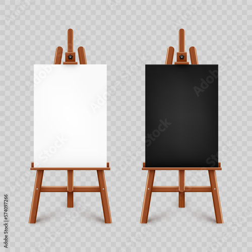 Realistic paint desk with blank black and white canvas. Wooden easel and a sheet of drawing paper. Presentation board on a tripod. Artwork mockup, template. Vector illustration