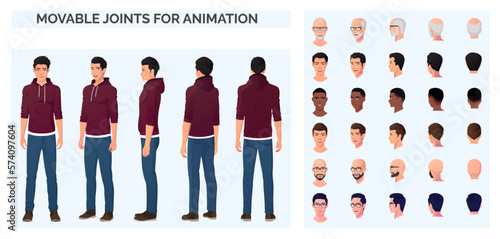 Casual Man Character Constructor for Animation, Cartoon Man Wearing Hoodie and Blue Jeans Character Creation with Front Side and Back View