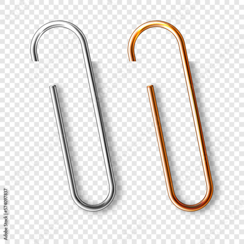 Realistic copper and steel paperclips attached to paper. Shiny metal paper clip, page holder, binder. Workplace office supplies. Vector illustration