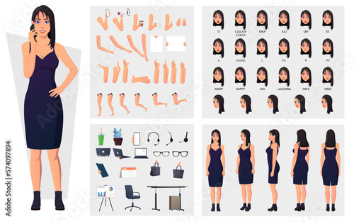 Business Woman Character Construction Pack, Girl wearing Casual Dress Character set with Turn Around Pose, Gestures, Emotions And Lip Sync.