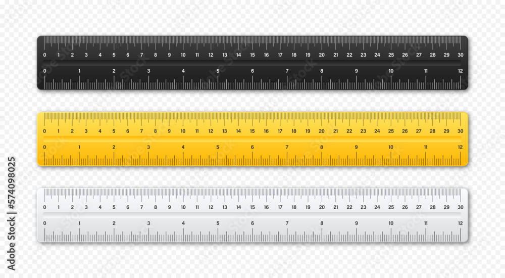 Realistic various plastic rulers with measurement scale and divisions