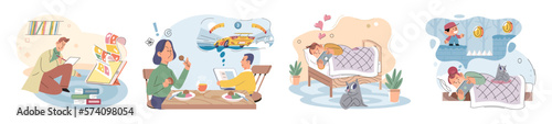 Children at home with phones and tablets set. Kids remote education, toddlers use smart technologies. Kids studying online, surfing social media, playing game, chatting by video call and use internet