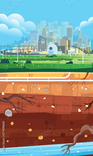 Soil layer with the top layer of modern futuristic city with renewable energy windmills, pipe installation blue sky beauty landscape